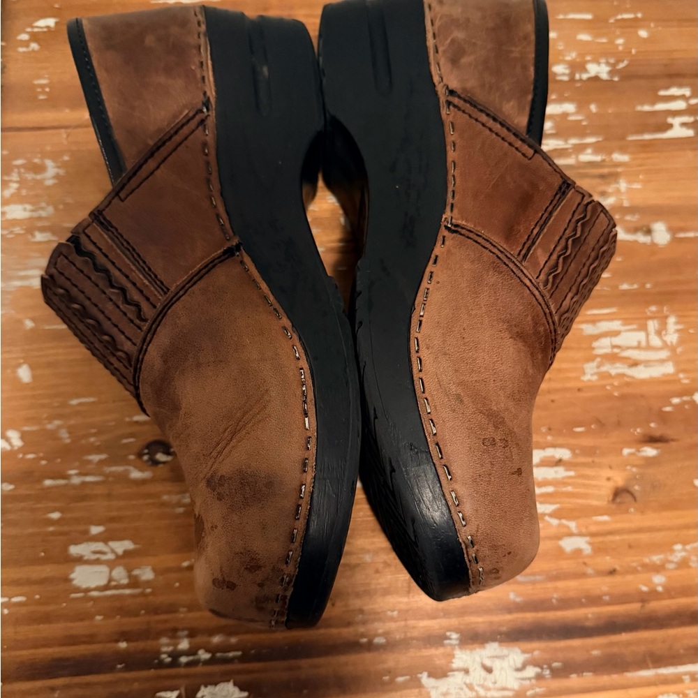 Sanita Brown Leather Slip-On Clog Mules